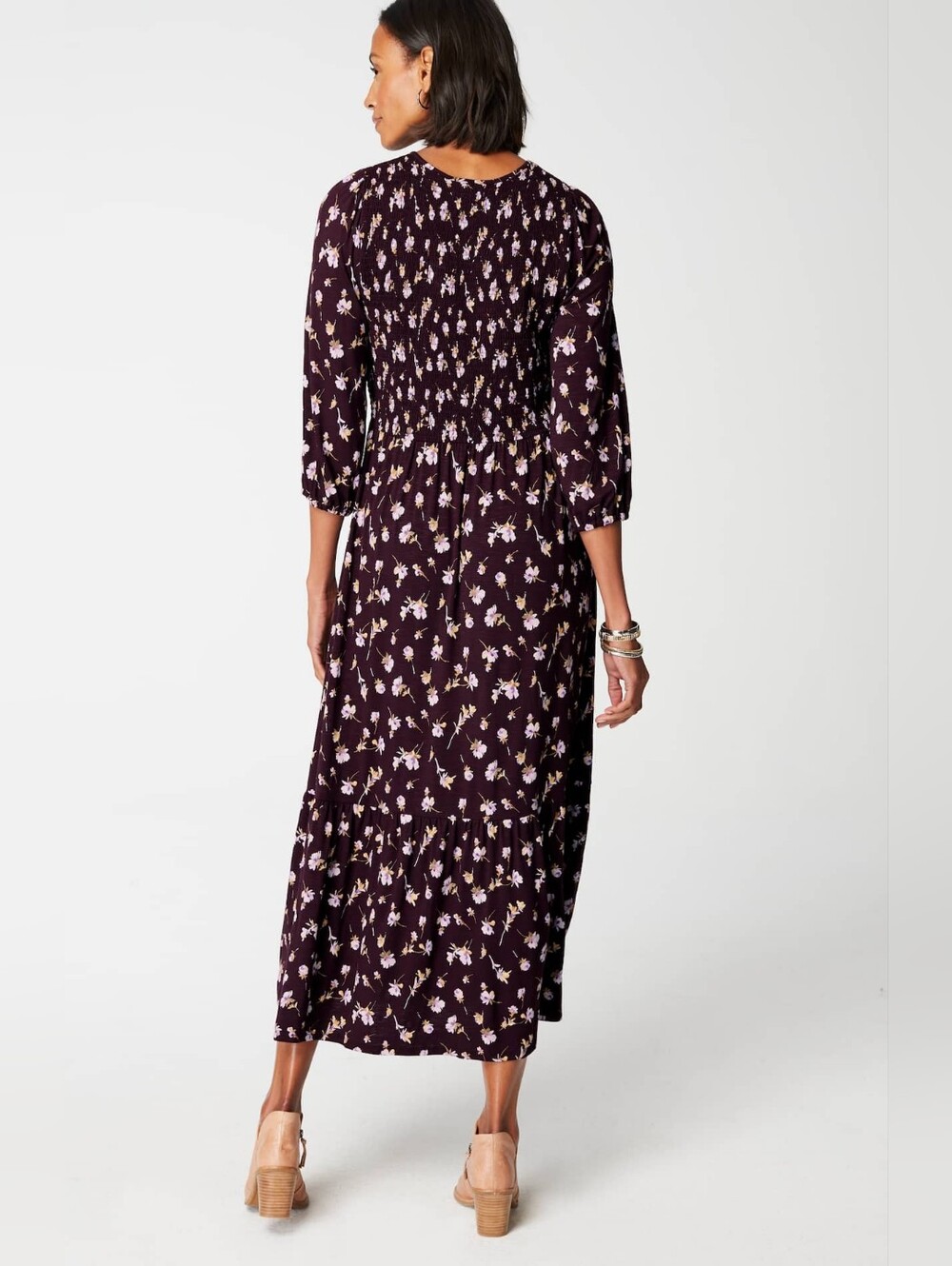 J. Jill Plum Purple Floral Smocked Tiered Flounced-Hem Midi Dress Medium Petite - Picture 3 of 11